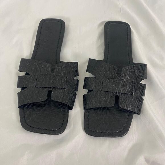 Black Flat Open Toe Elegant Embellished Cutout Slide Sandals EU 42 US 11.5 - Picture 4 of 8